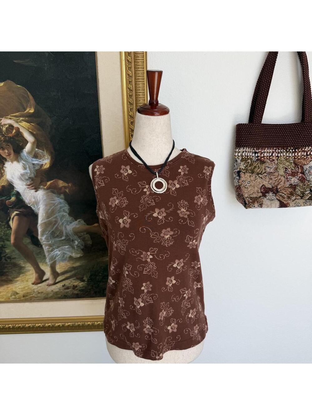 90s Whimsi Vintage Brown Floral White Tank